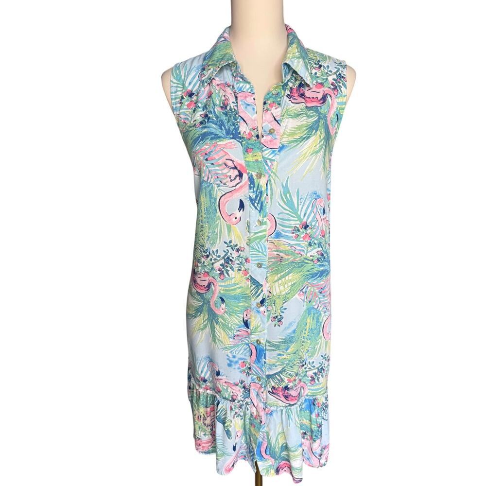 Song & Spirit Flamingo Tropical Sleeveless Button Front Shift Shirt Dress Large